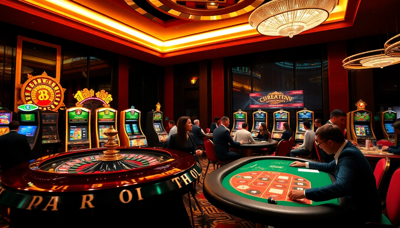 Players enjoying a luxury gaming experience at RR88 Auction, featuring roulette, poker tables, and slot machines.