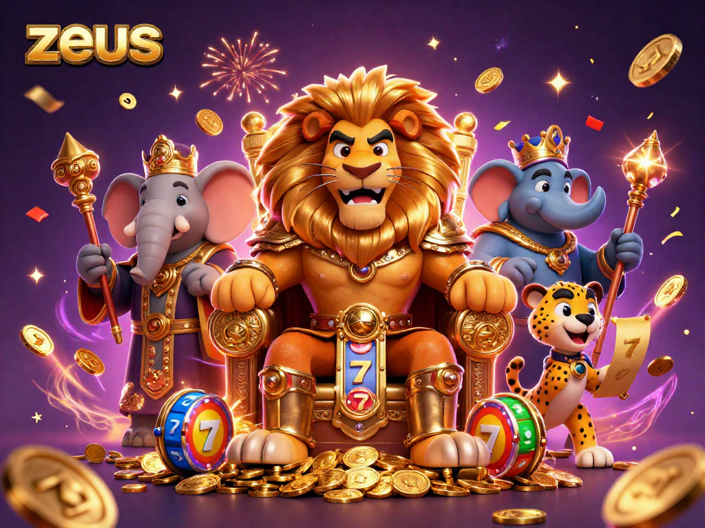 Engage with zeus slot games featuring a lion king and vibrant casino elements in a lively atmosphere.