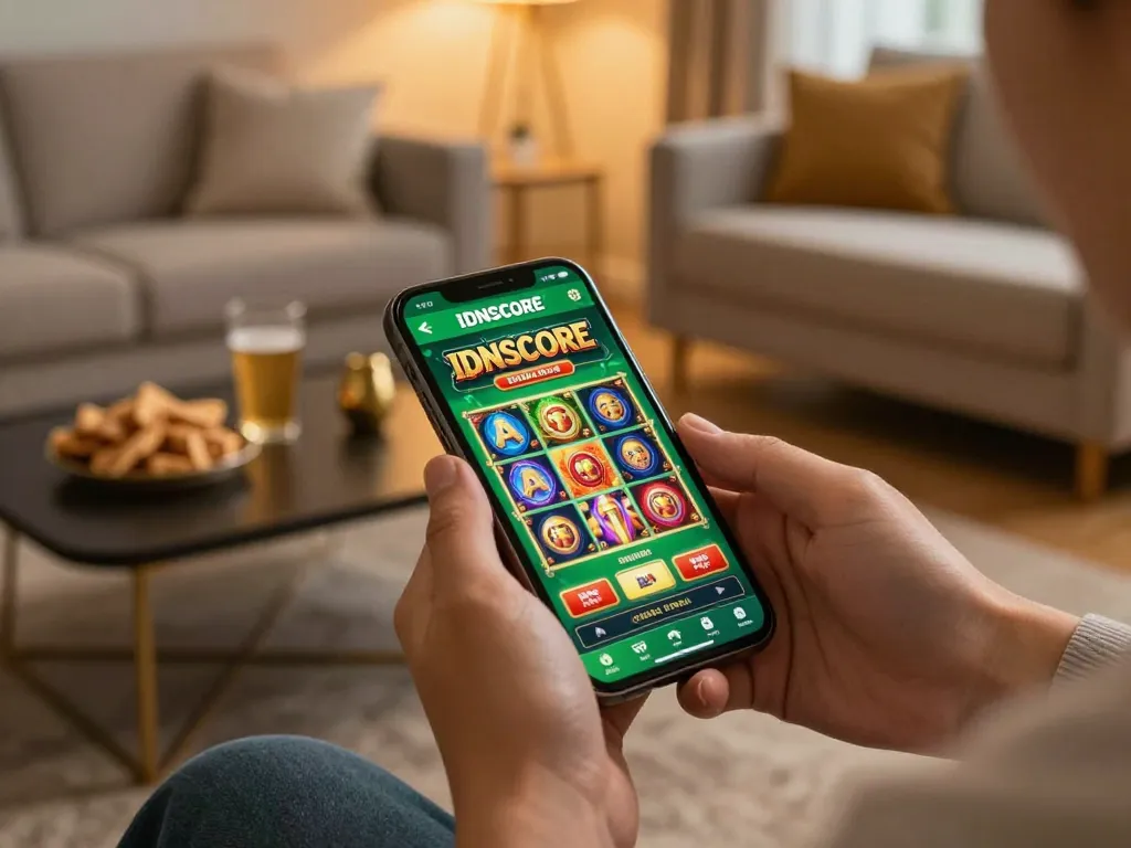 IDNSCORE mobile gaming experience with a player engaged in thrilling online slot games.