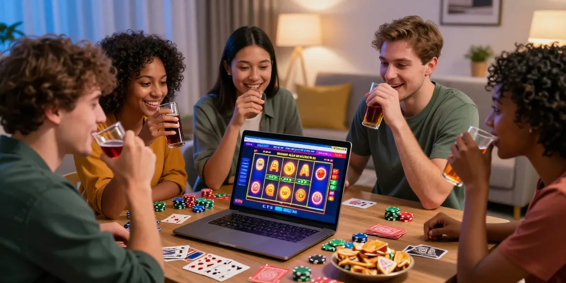 Friends enjoying bonus buy slots at an online casino in a cozy living room setting.