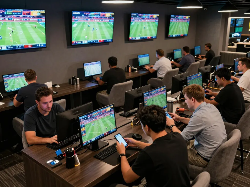 Exciting action in a sports betting lounge, engaging enthusiasts placing bets on soc88 platform