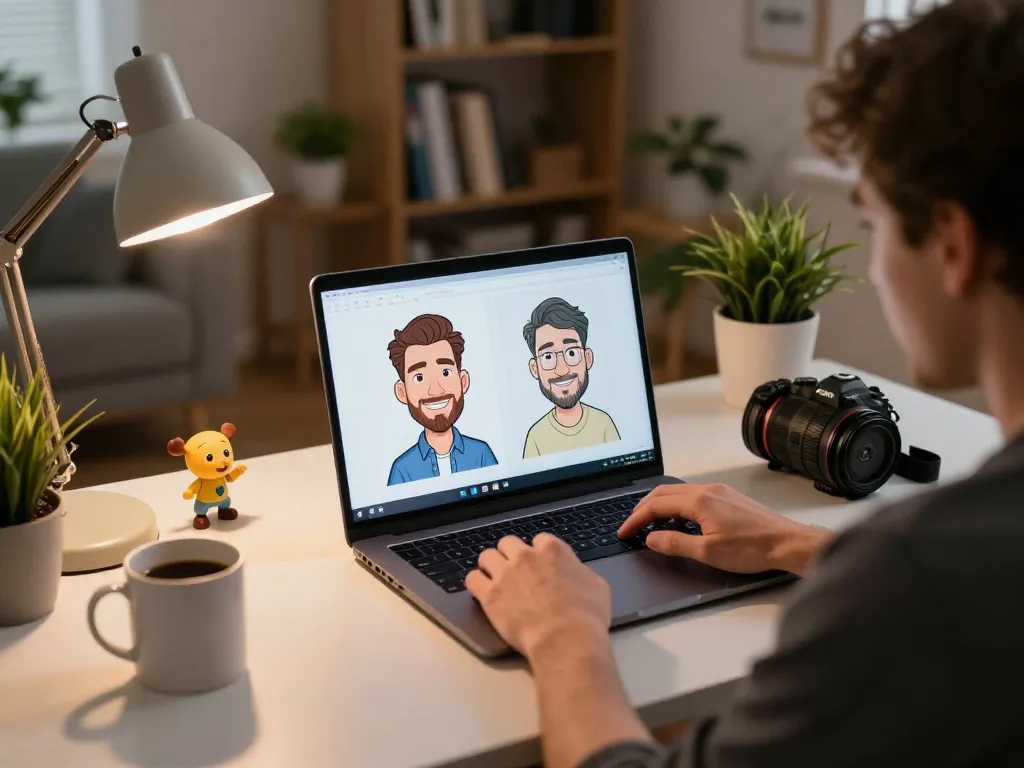 Player creating Chatgpt caricature in a cozy home office during online gaming session
