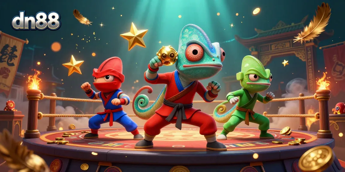 Experience thrilling gaming with dn88's ninja chameleons in an explosive casino scene.
