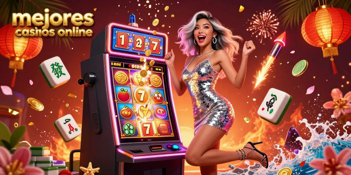 Try your luck at mejores casinos online with this vibrant illustration of a joyful woman celebrating a jackpot.