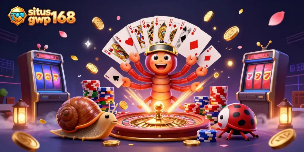 Gambar ilustrasi menarik situs gwp168 dengan karakter dealer dan simbol kasino lainnya.