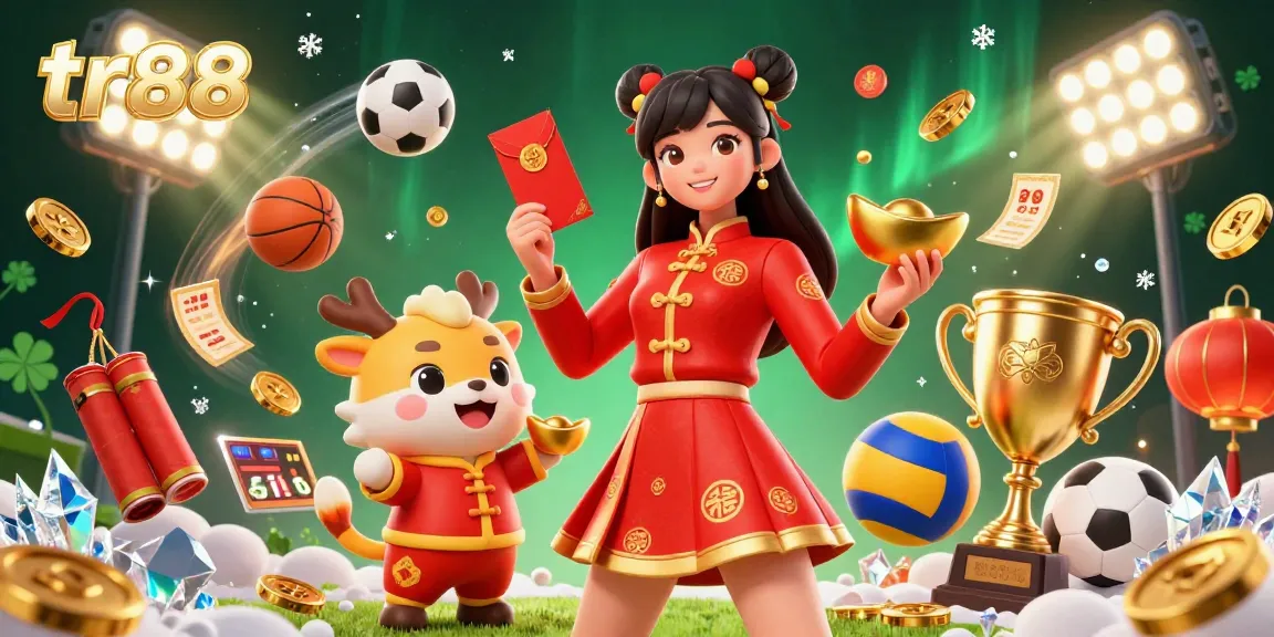 Experience the thrill of tr88 with this festive 3D casino scene showcasing Asian New Year elements and sports symbols.