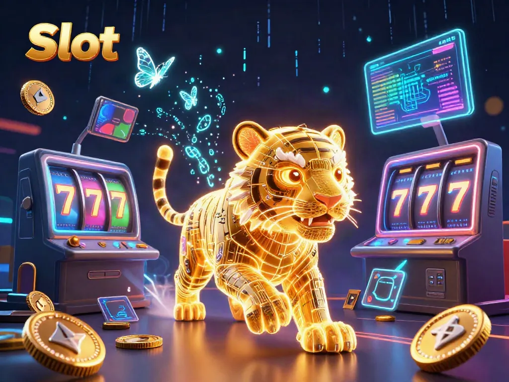 Menggulung simbol Slot bertema mesin slot dengan tiger neon di latar belakang kasino digital