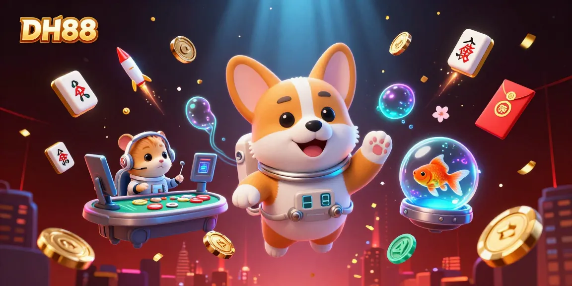 DH88 features a corgi astronaut enjoying a cosmic casino adventure filled with floating poker chips and bonuses.