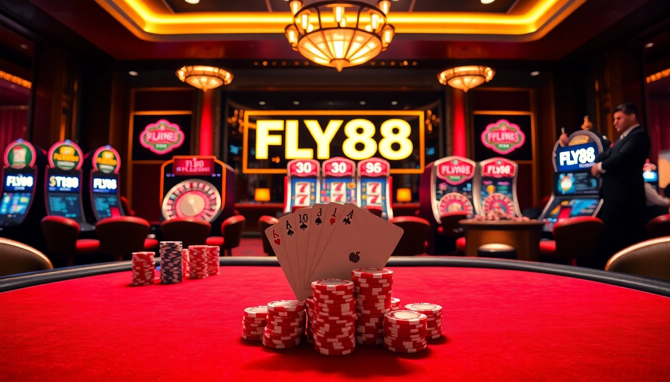 Experience thrilling casino action featuring FLY88 poker chips and a stylish dealer at an upscale table.