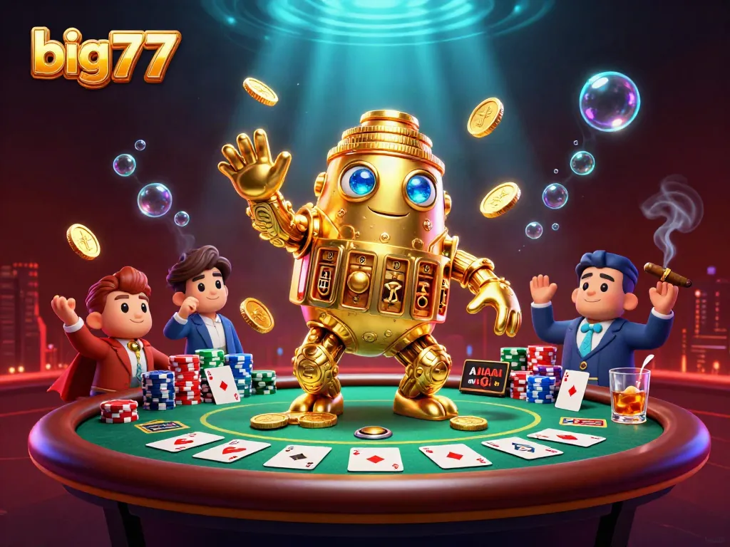 Experience big777 excitement with a vibrant 3D illustration of a golden golem and poker elements.