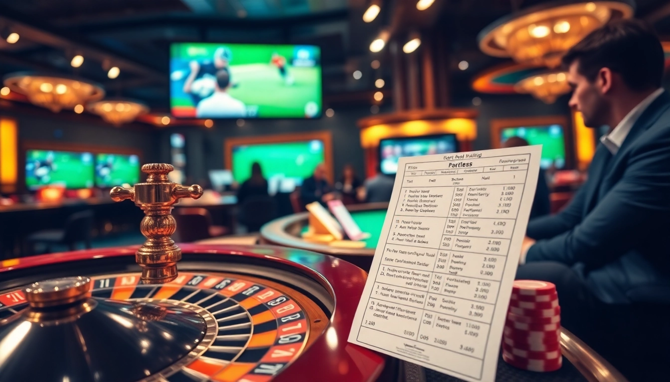Engaging scene of sports betting and เทคนิคแทงบอล strategies in a vibrant casino atmosphere.