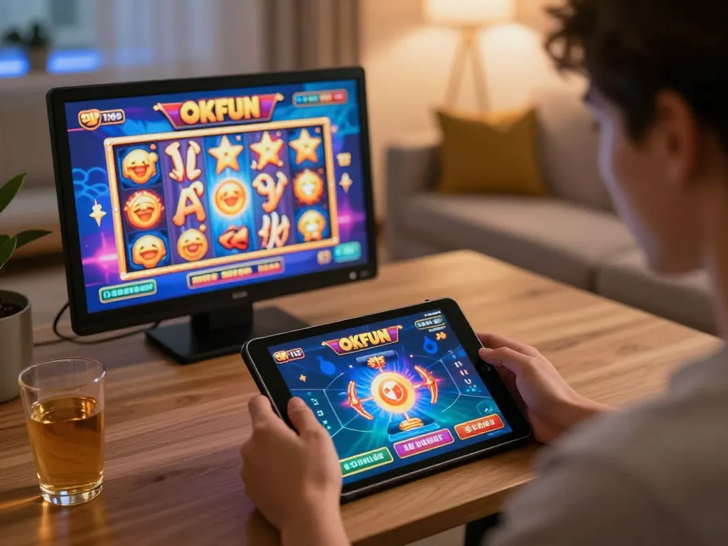 Player enjoying okfun casino game on tablet at home, showcasing vibrant gaming atmosphere.