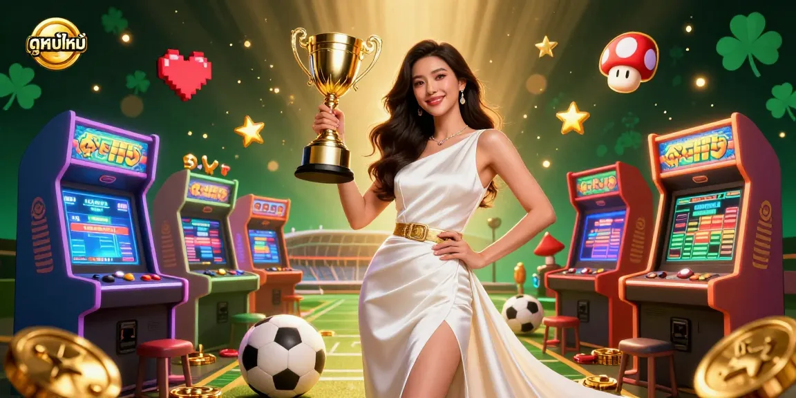 Experience ดูหนังใหม่ with a dazzling Asian woman in a luxurious gown, celebrating victory amidst colorful casino gaming elements.