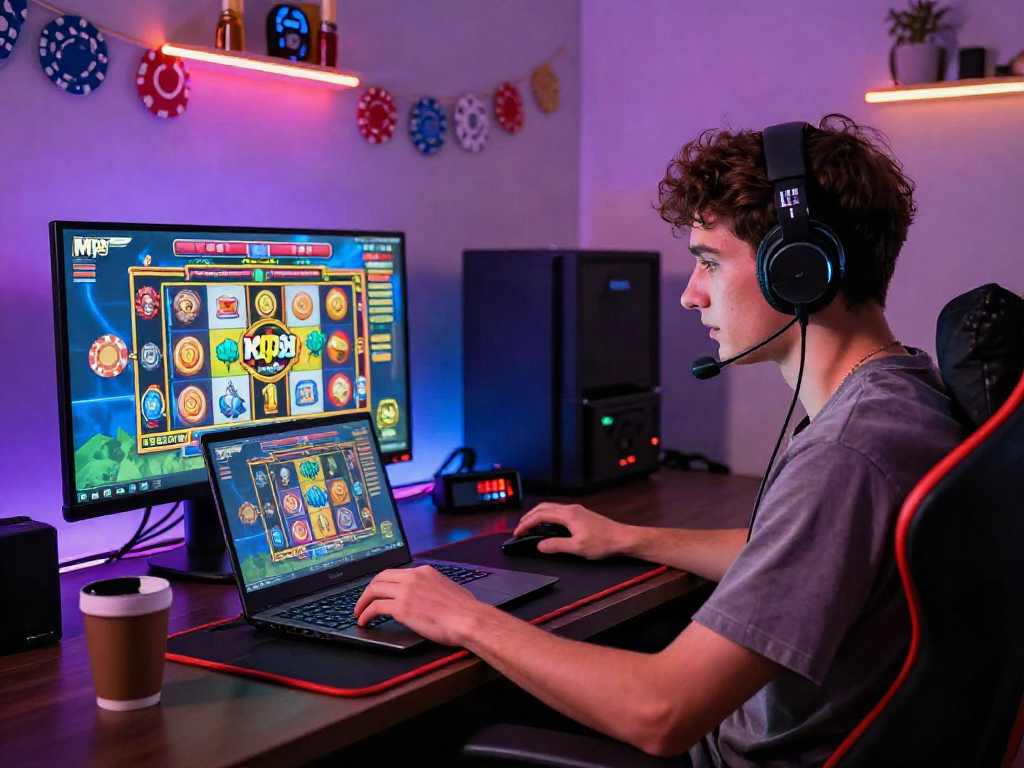 Mpo Cash gaming experience with a player enjoying online slots in a vibrant atmosphere, showcasing excitement and engagement.