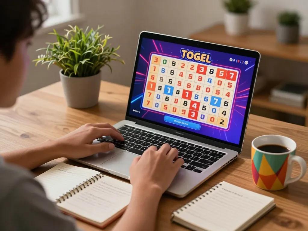 Person engaging in togel online gameplay at home, showcasing strategy notes and a relaxing atmosphere.