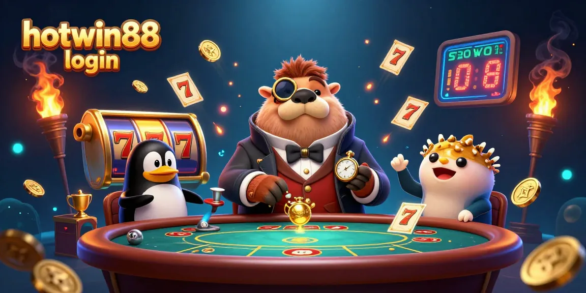 A dynamic scene depicting the hotwin88 login experience with a walrus and penguin at a poker table.