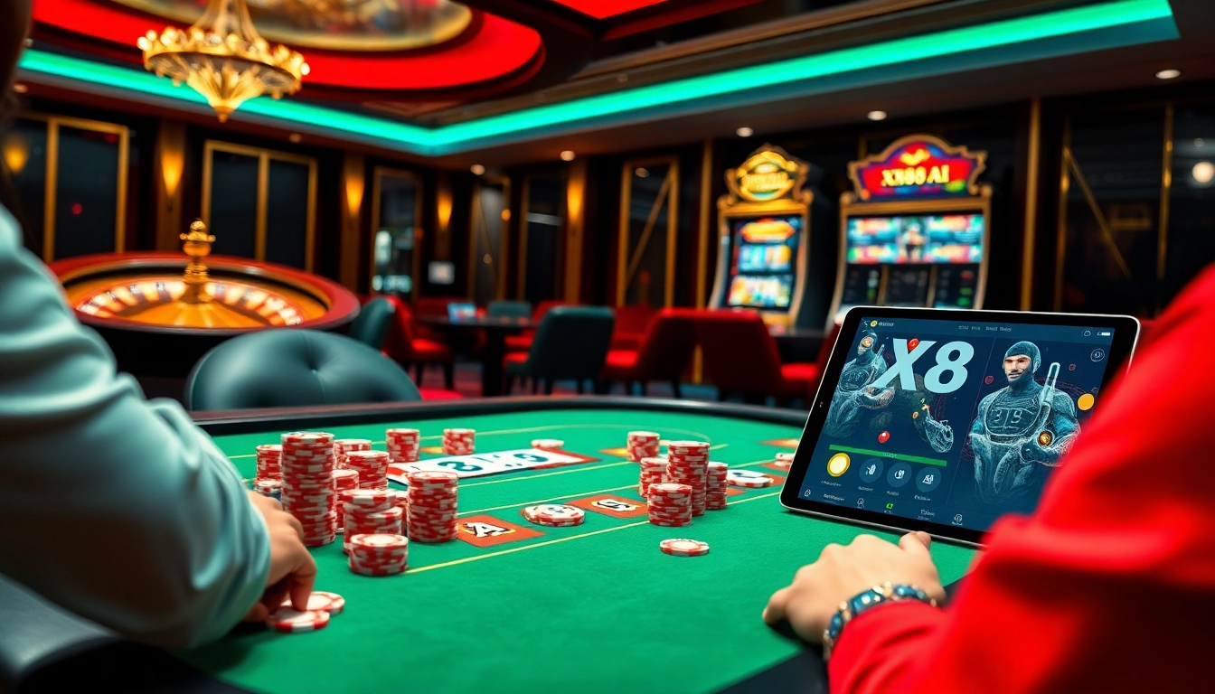 Players enjoying a poker game at an upscale casino table featuring XX88.AI, showcasing luxury and excitement.