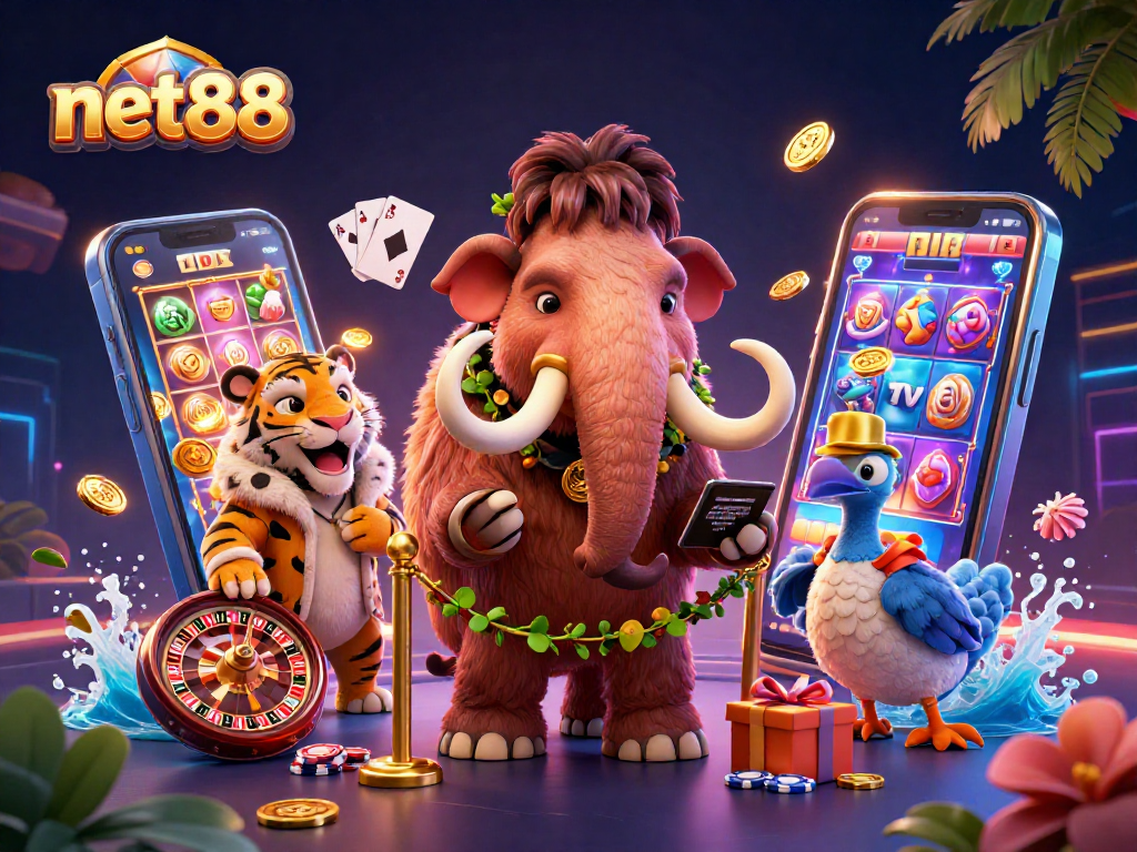 net88 offers a vibrant 3D casino scene with a mammoth bouncer, VIP guest, and dynamic game elements.