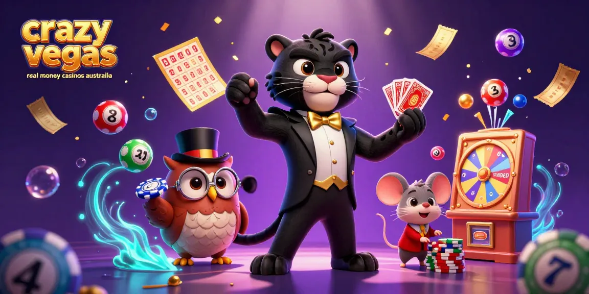 Cute 3D characters celebrating at crazyvegas real money casinos australia with vibrant casino elements.