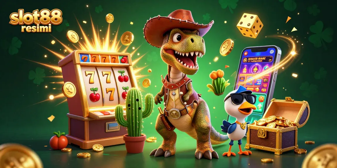 Celebrate wins at slot88 resmi with a lively scene of a T-Rex cowboy and casino excitement!