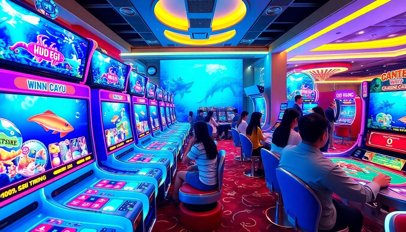 Bắn Cá Đổi Thưởng players winning big at a vibrant online casino game, showcasing immersion and excitement.