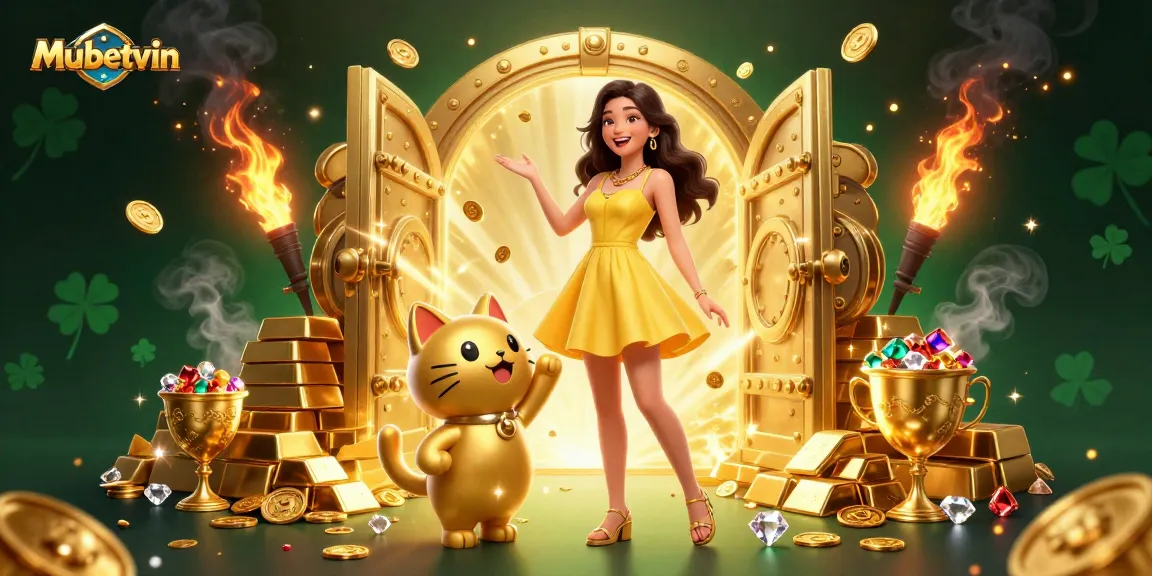Mubetvin showcases a cheerful Asian woman and golden lucky cat in a vibrant casino scene full of treasures.