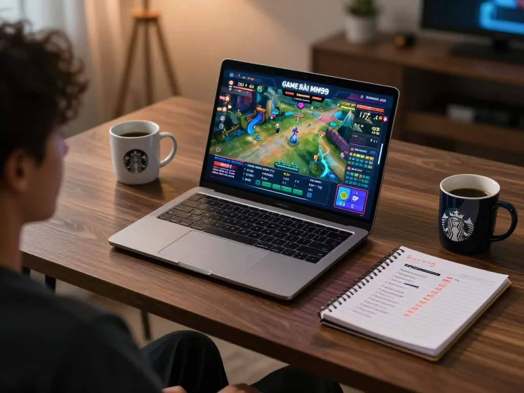 Engaging with GAME BÀI MM99 on a stylish laptop in a cozy home office.