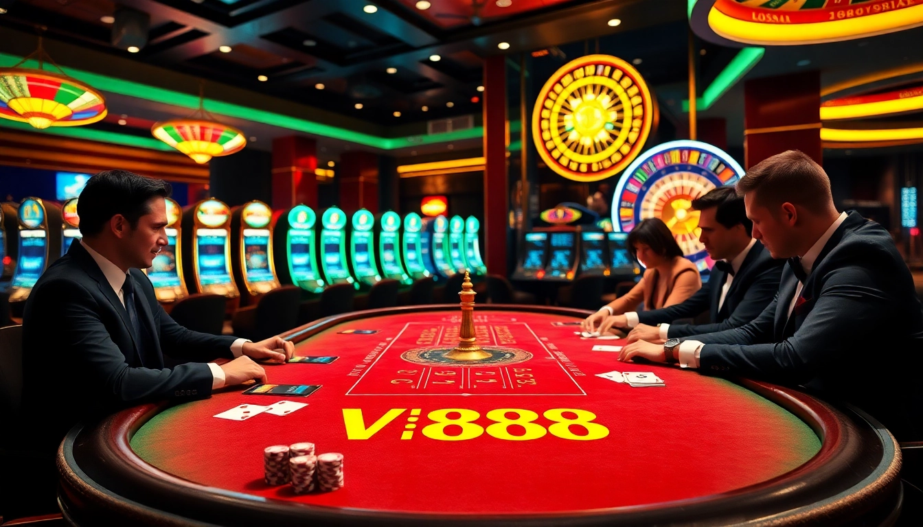 Engaging session at VB88 poker table with chips and cards in a luxurious casino setting.