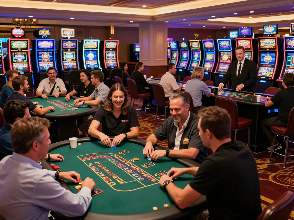 Players enjoying various games at F8BET's vibrant casino floor, celebrating wins amidst bright lights and a luxurious atmosphere.