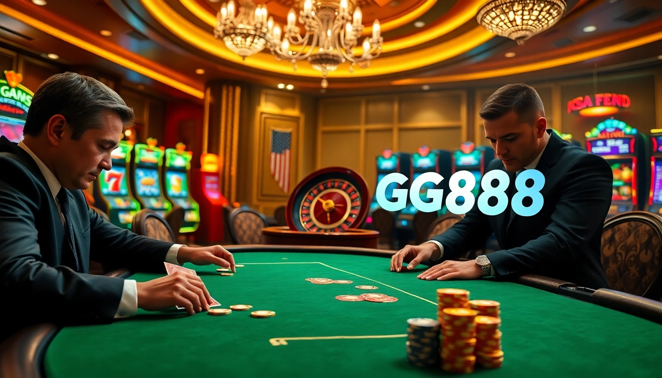 Players strategizing at the GG88 poker table in a luxurious casino setting