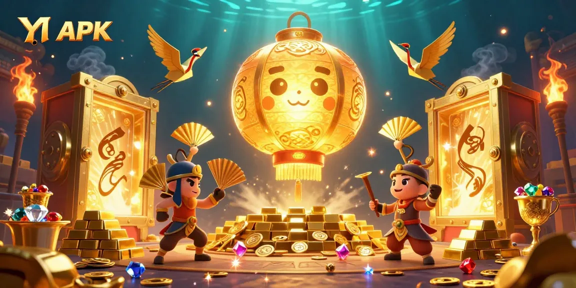 Experience fortune with Y1 APK featuring a glowing lantern spirit and golden treasures in a vibrant casino.