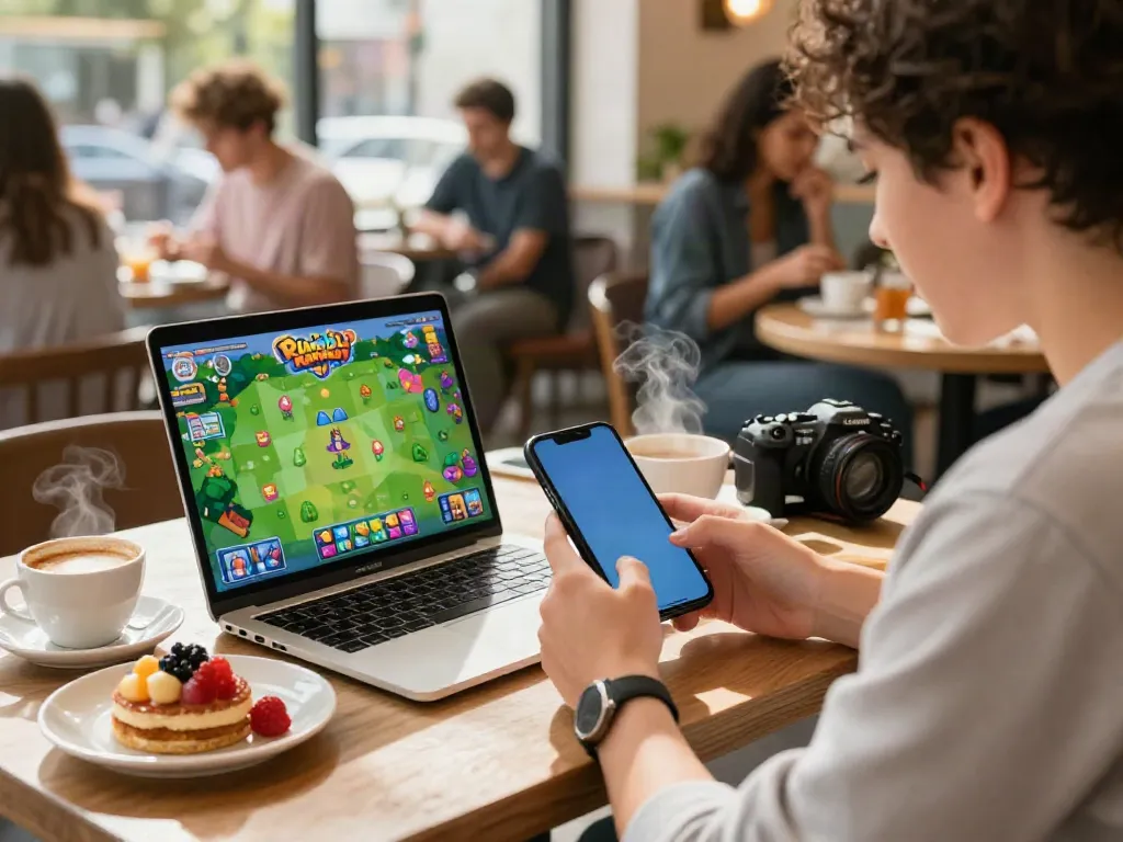 Engaged player enjoying Rumble Rummy on smartphone at a cafe.