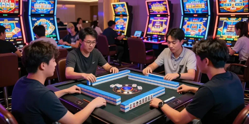 Suasana permainan mahjong slot yang semarak di kasino modern.