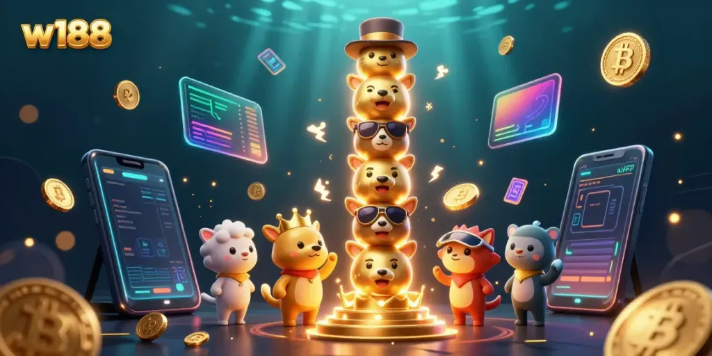 Engage with the dynamic world of w188 featuring a cartoon totem pole, Bitcoin, and Ethereum elements in a vibrant casino atmosphere.