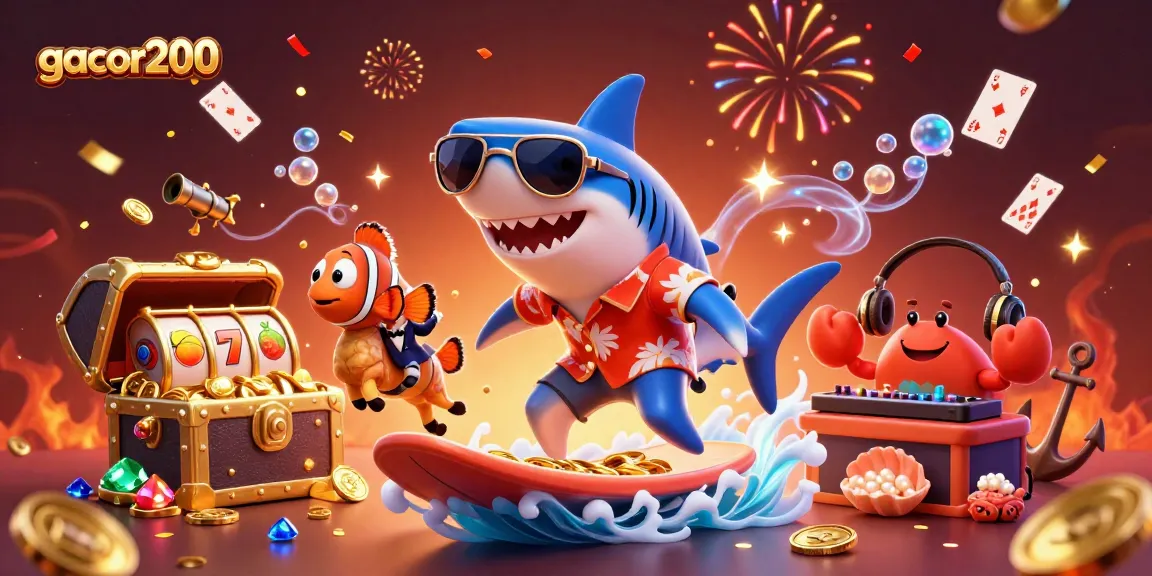 Experience the excitement of gacor200 with a lively illustration of a shark surfing on gold coins amidst vibrant casino elements.