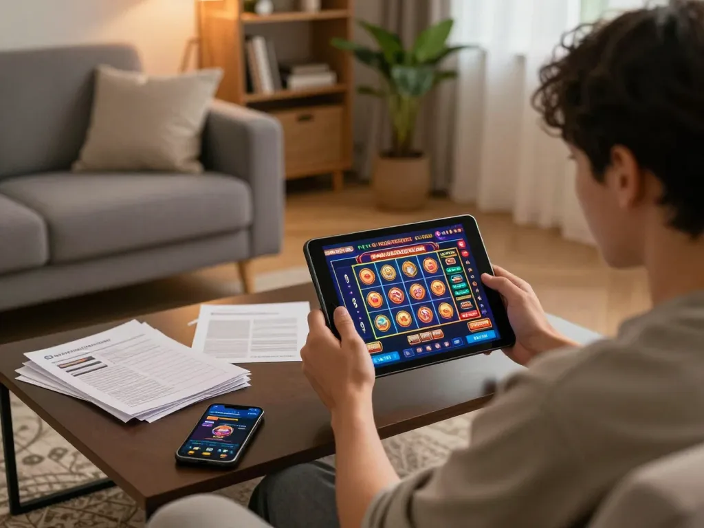 Playing casino games on tablet at home, exploring situs gacor slots for big wins.