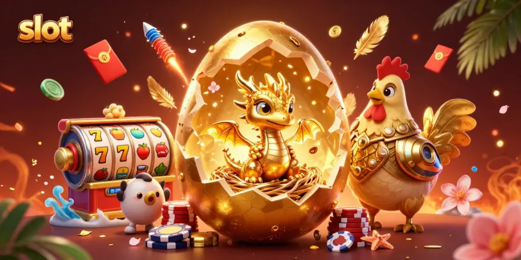 Menangkan slot dengan melihat naga bayi emas di atas tumpukan chip poker di ilustrasi kasino 3D.