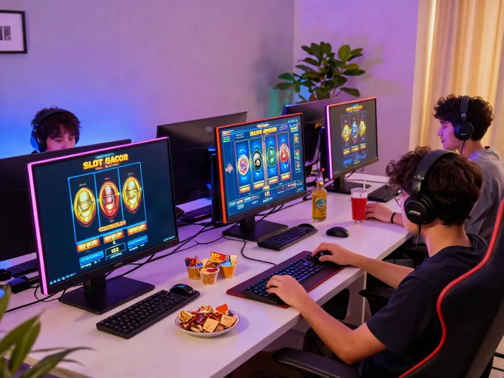 Players immersed in an engaging home gaming setup for SLOT GACOR with vibrant LED lights and multiple screens.