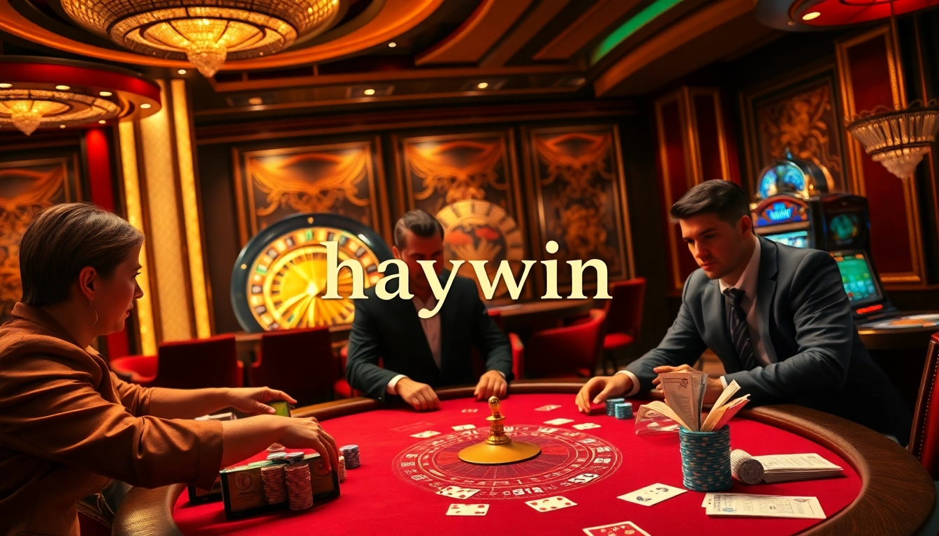 Players engaging in a thrilling poker game at a classy casino, showcasing the excitement of haywin.