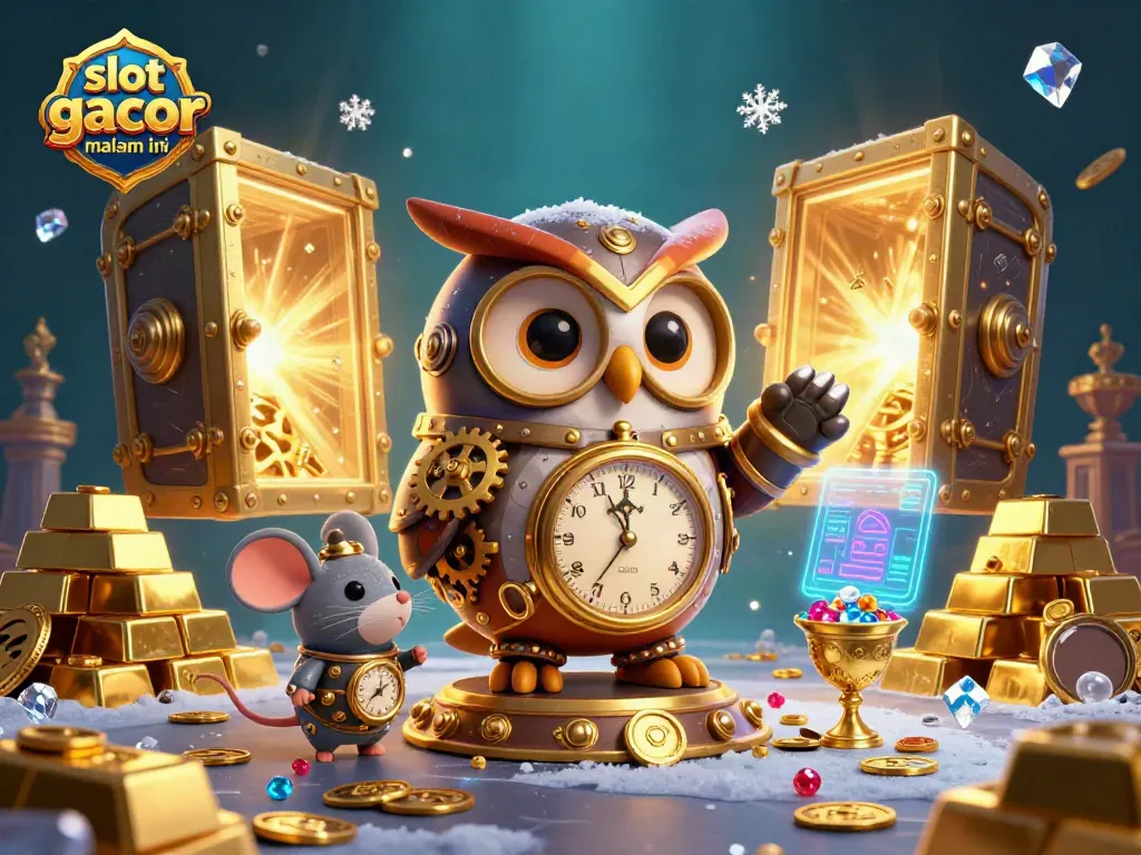 Engage with slot gacor malam ini and vibrant 3D casino elements featuring a steampunk owl and jewels.