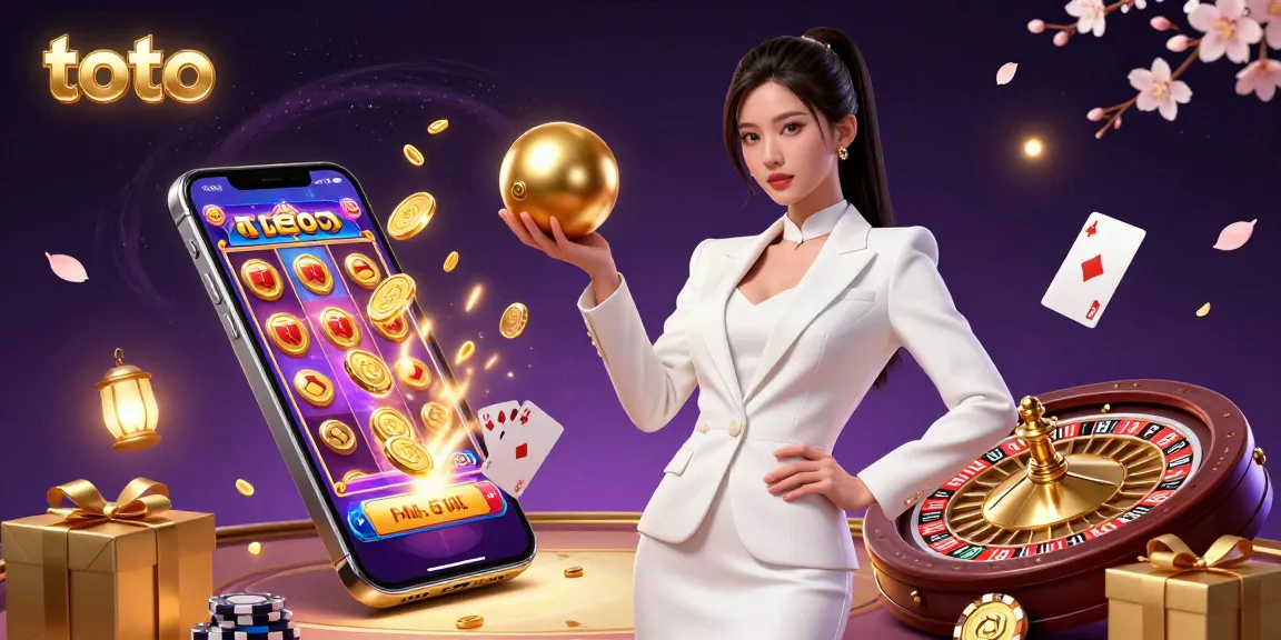 Experience thrilling toto gameplay with a sleek Asian woman holding a roulette ball amidst vibrant casino elements.
