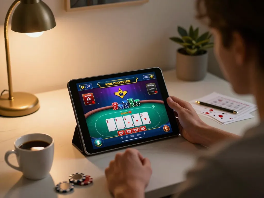 Engaging moment at Canadian online casinos with vibrant poker game interface on a tablet.