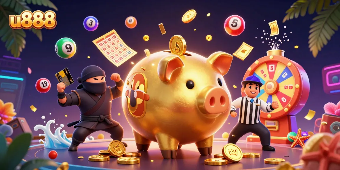 Engage with u888 through a dynamic 3D scene featuring vibrant gambling elements and characters.