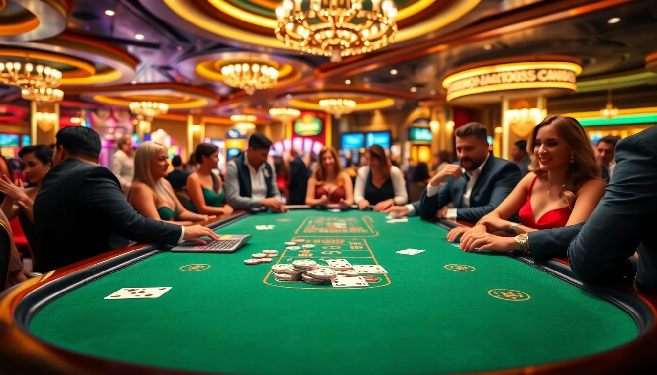 Engage in an exciting blackjack casino game with vibrant players and a luxurious setting.