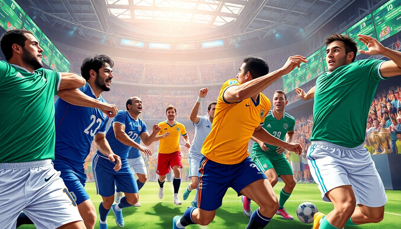 Engage in Sports Betting by exploring a vibrant scene with athletes competing energetically in a sportsbook.