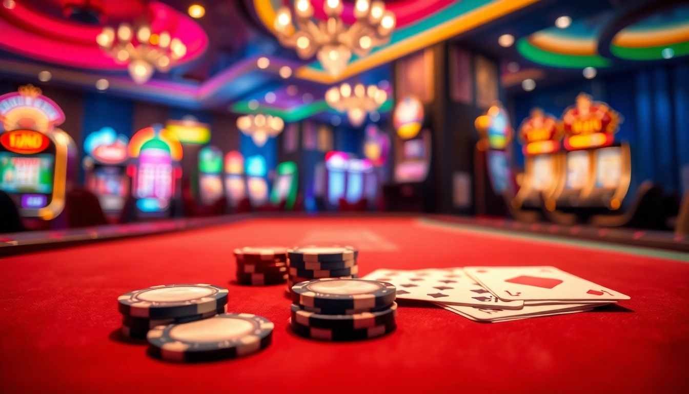 Engage with a casino poker table showcasing chips and cards in a vibrant ambiance.