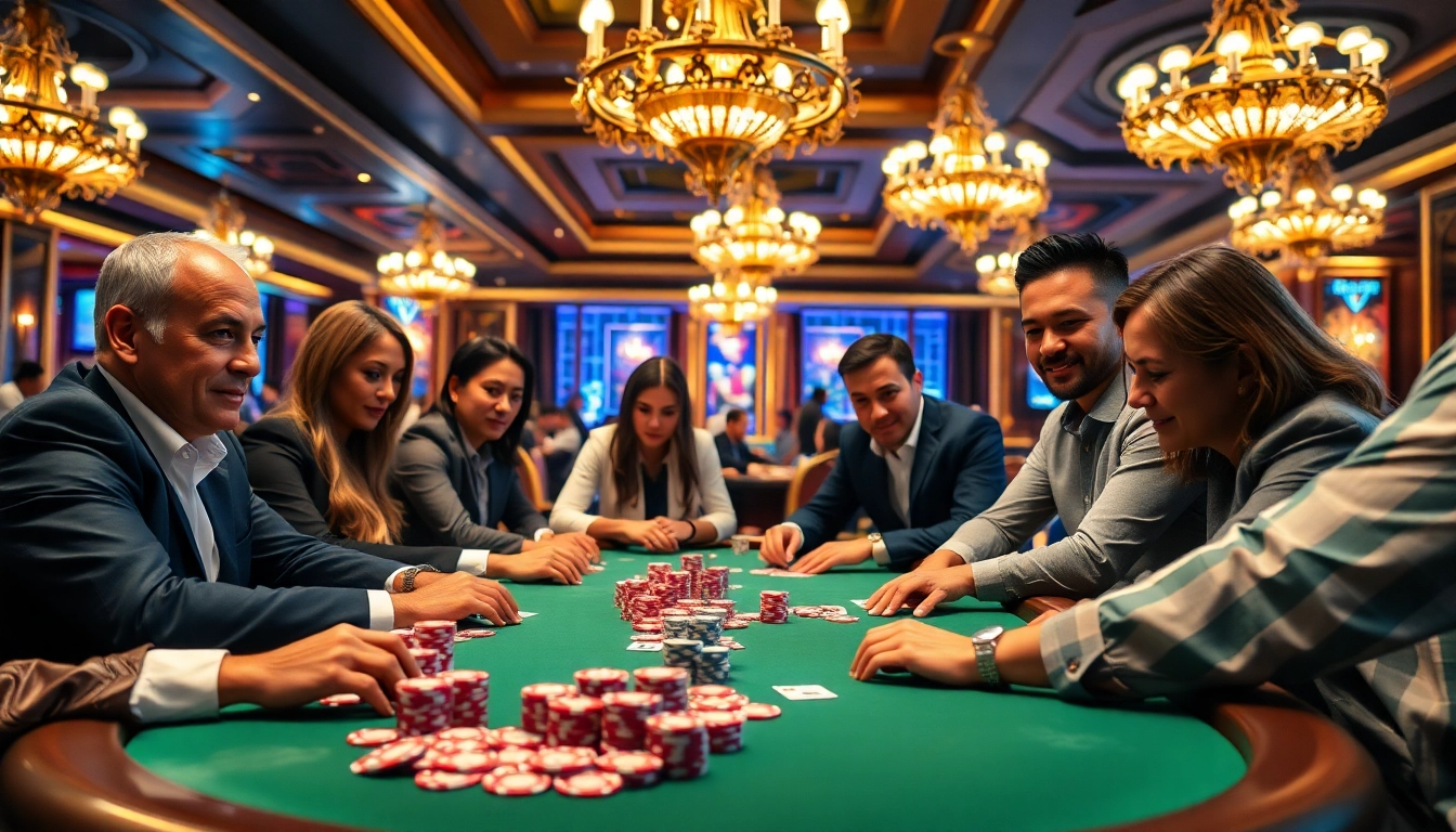 Intense Poker Game with professional players at a high-stakes table in a casino environment.