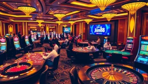 Experience the thrill of the nhà cái jun88 casino floor with vibrant games and players enjoying their bets.