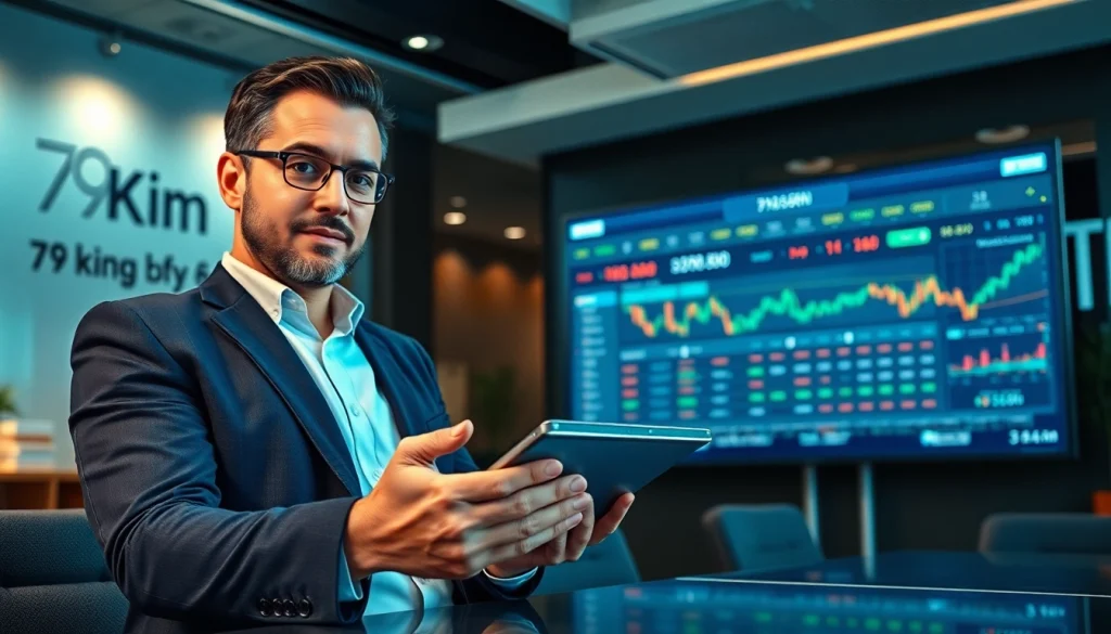 Scène professionnelle avec un conseiller financier présentant la plateforme 79king hn sur une tablette numérique dans un environnement de bureau moderne et fiable.