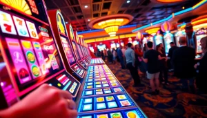 Slot Game menampilkan pengalaman bermain yang menyenangkan di kasino dengan mesin slot berwarna-warni.